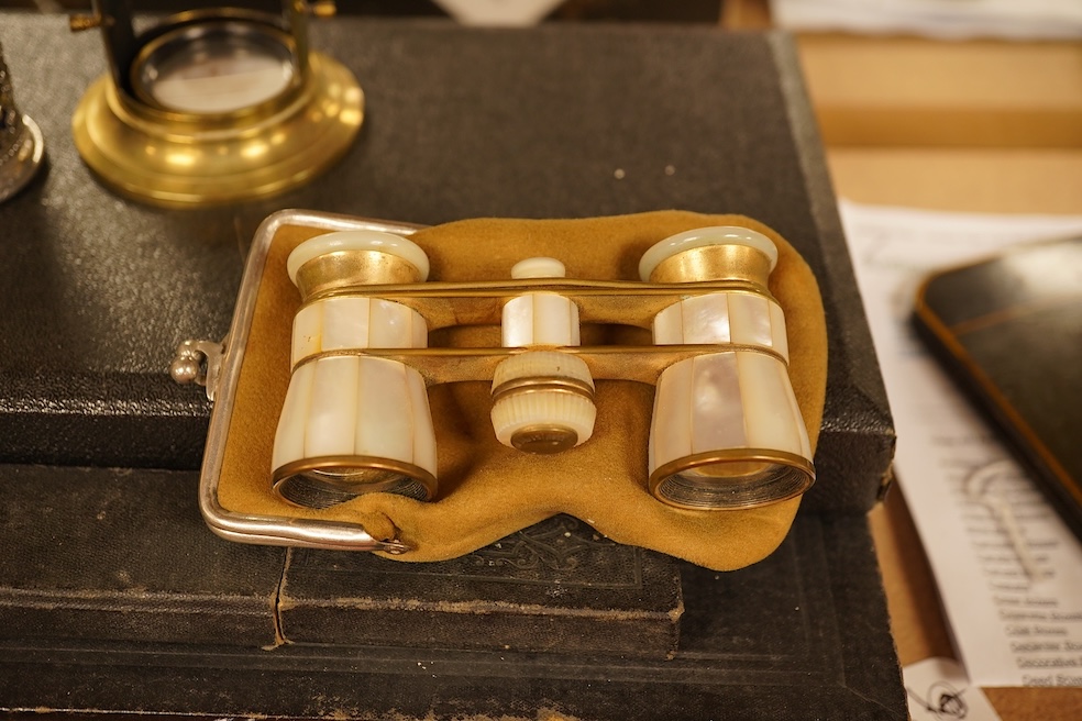 Sundry items to include a set of brass apothecary scales and weights, a brass student's microscope, a pair of opera glasses, a brass draw telescope, etc.